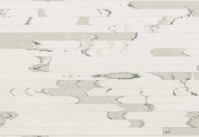 White and gray marbled wood-look flooring pattern.