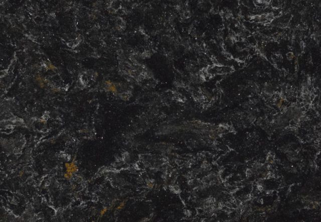 Dark countertop with black, gray, and gold veining.