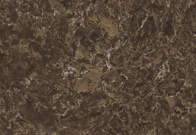 Brown and beige quartz countertop with white veining.