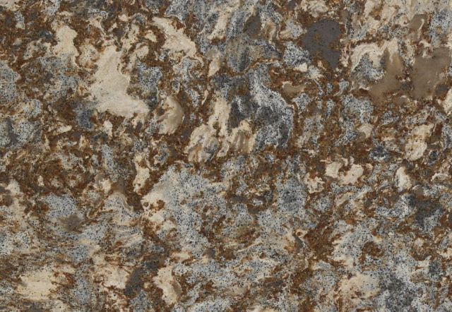 Stone countertop with brown, beige, and gray swirling patterns.