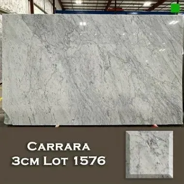Carrara marble slab, mostly white with gray veining. A sample square is shown on the lower right.