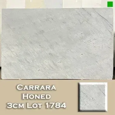 Carrara marble slab, honed finish, with text details: 