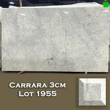 Carrara marble slab, 3cm thick, Lot 1955, light gray with veining, showroom setting.