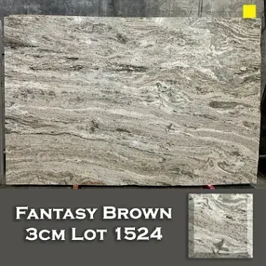 Fantasy Brown granite slab with light brown and gray swirling patterns.