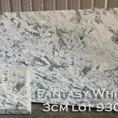Fantasy White 3cm granite slab with white, gray, and black veining.