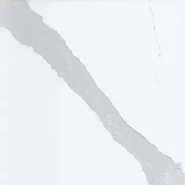 White quartz surface with a diagonal gray vein pattern.