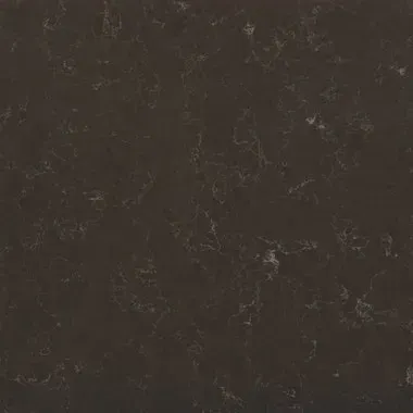 Dark brown quartz countertop with white veining.