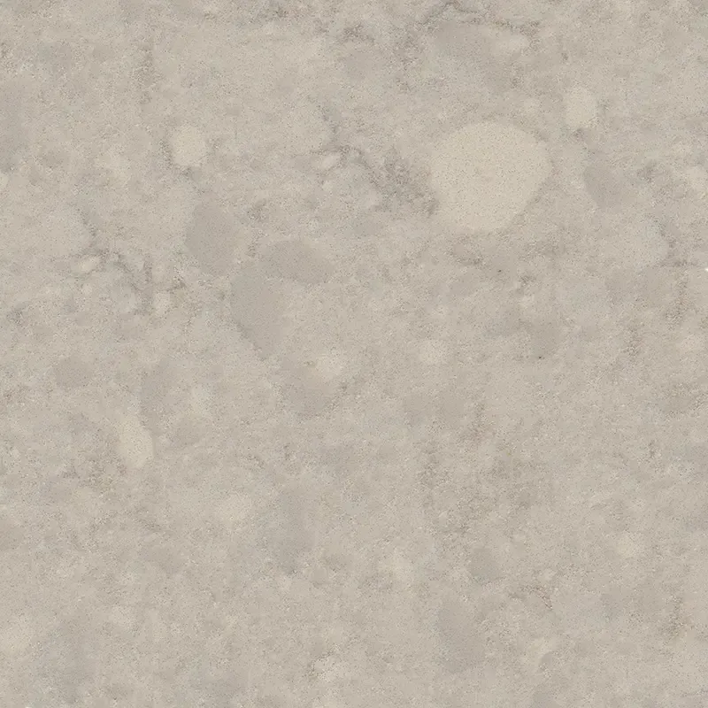 Gray quartz countertop with light and dark flecks.
