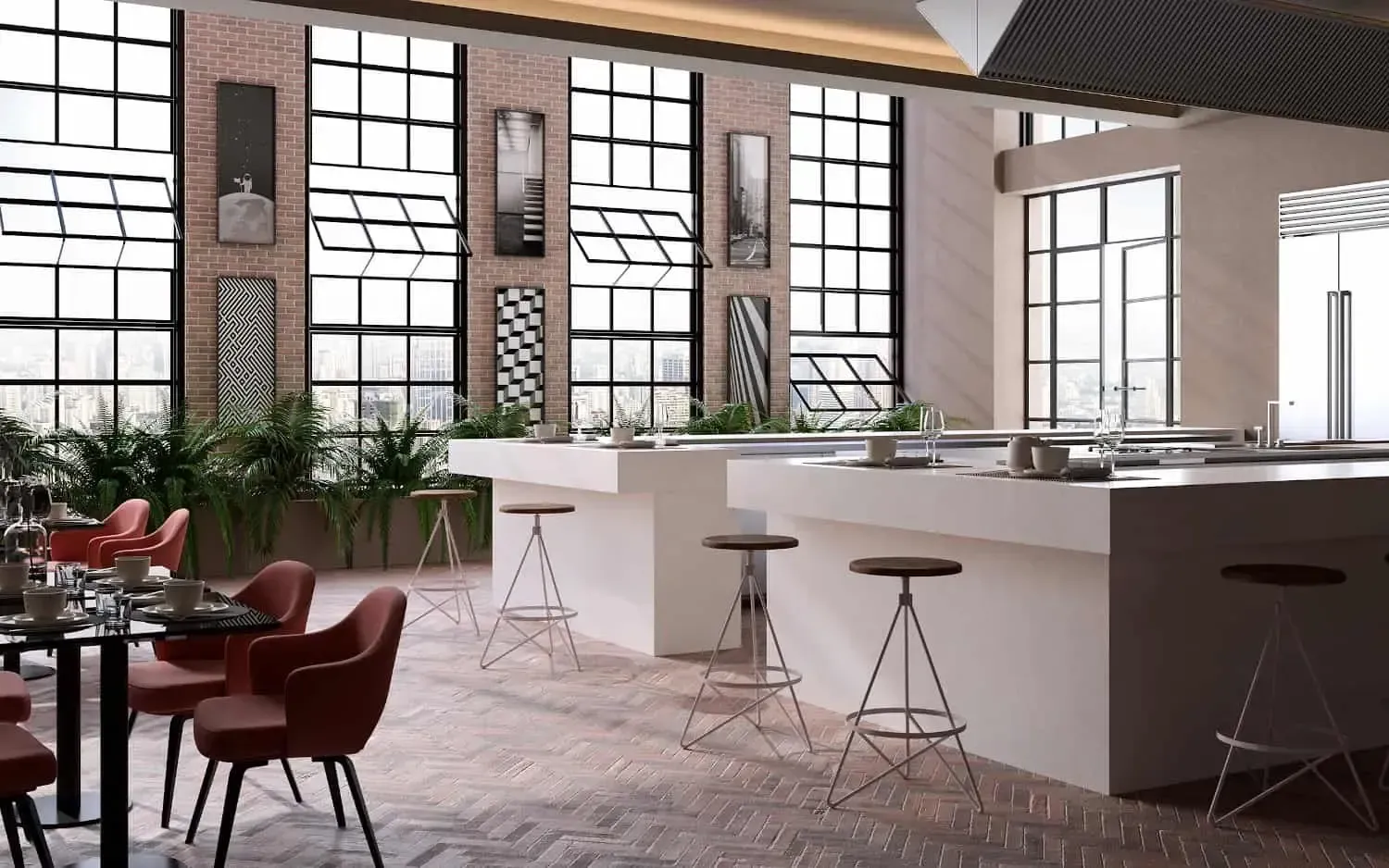 Modern restaurant interior with brick walls, tall windows, bar seating, and dining tables.