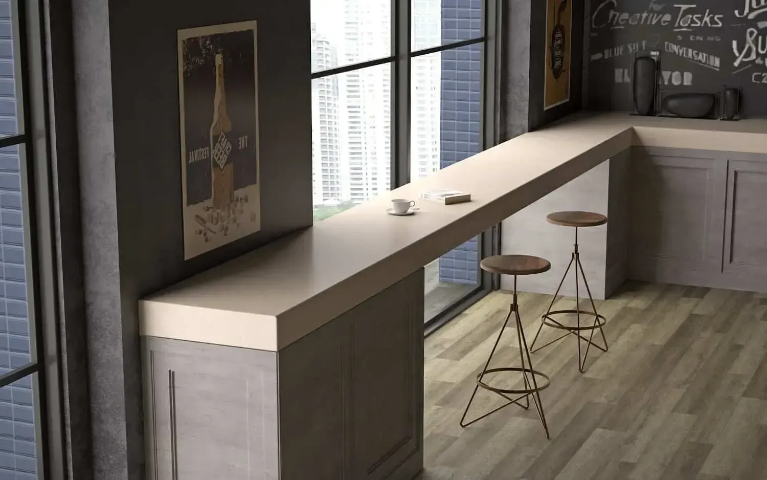 A window counter with stools in an urban setting; a coffee cup sits on the counter.