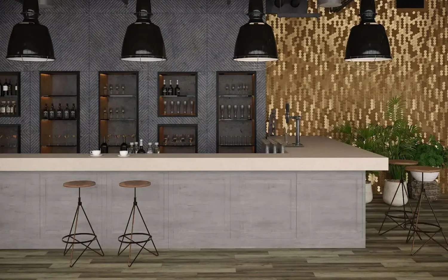 Bar interior with stools, shelves of bottles, and gold textured wall.
