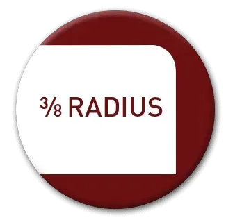 Rounded corner with a 3/8 radius measurement in a white square set on a maroon circular background.