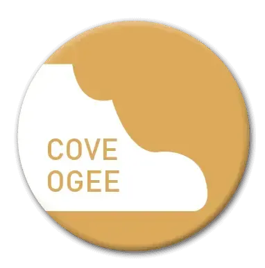 Gold-colored button with a white abstract shape and the words