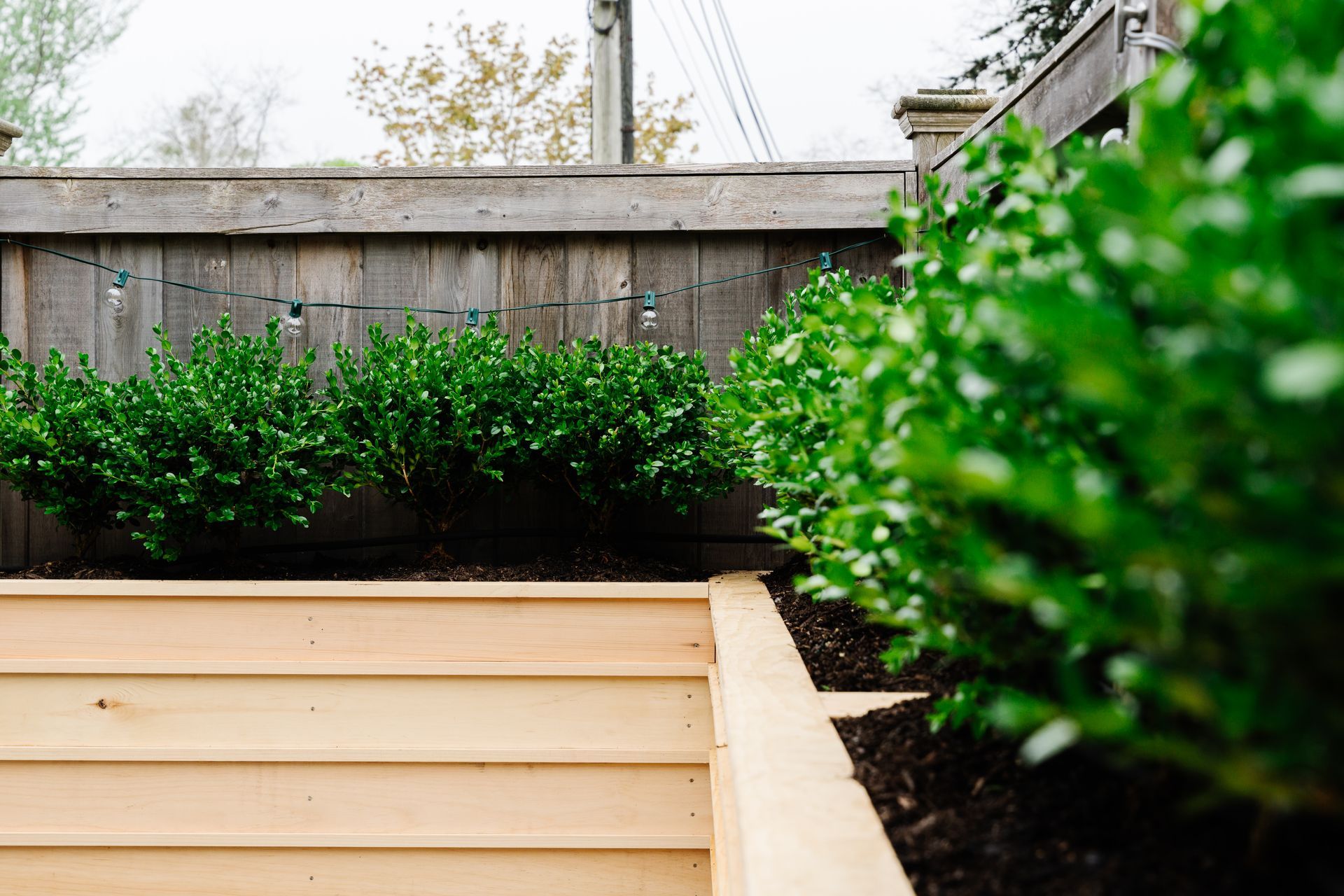 A wooden deck with stairs leading up to a wooden fence and bushes.