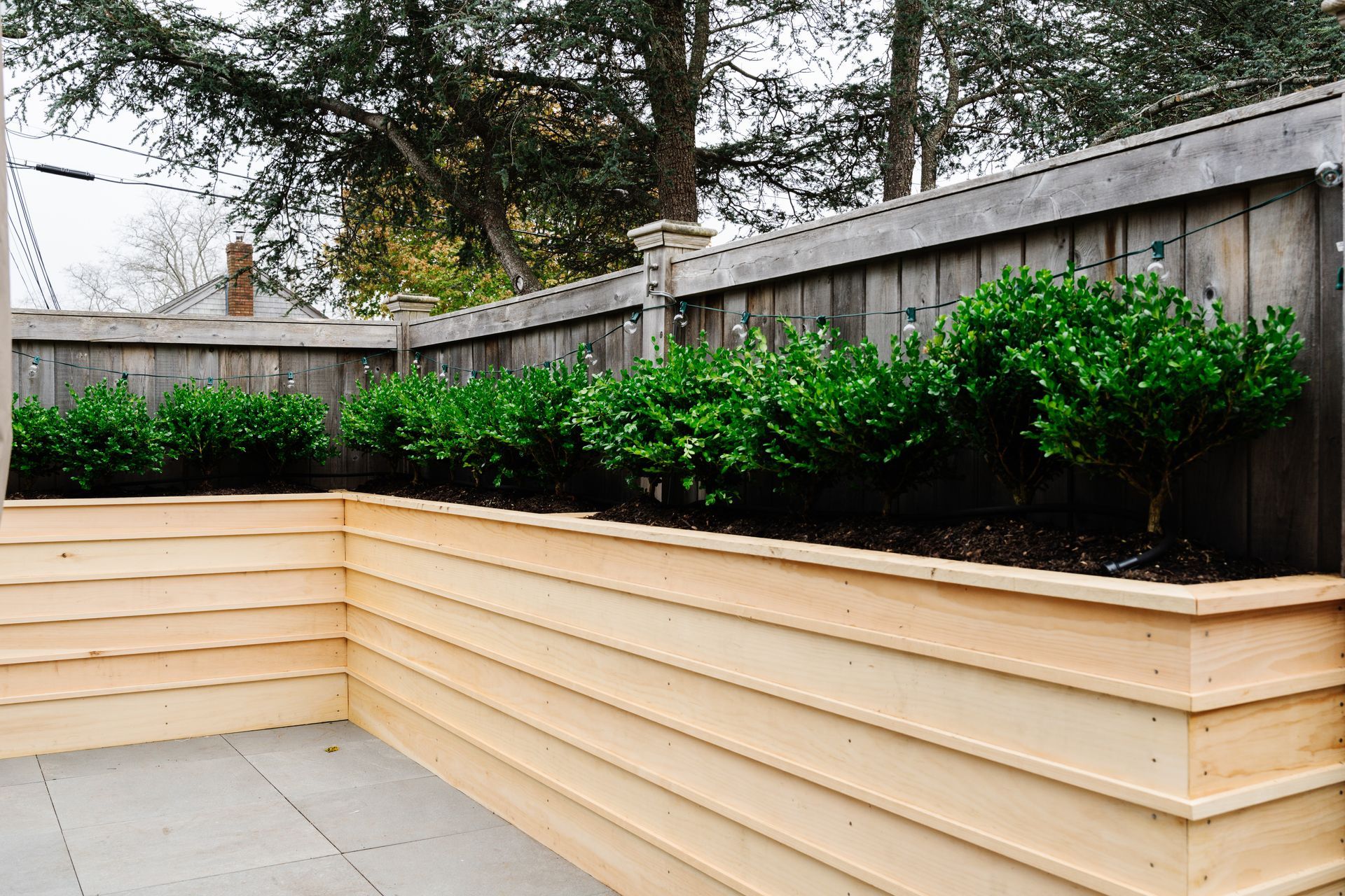 A wooden planter filled with green plants next to a wooden fence.