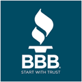 BBB logo with white torch and letters on blue background, “Start With Trust” tagline