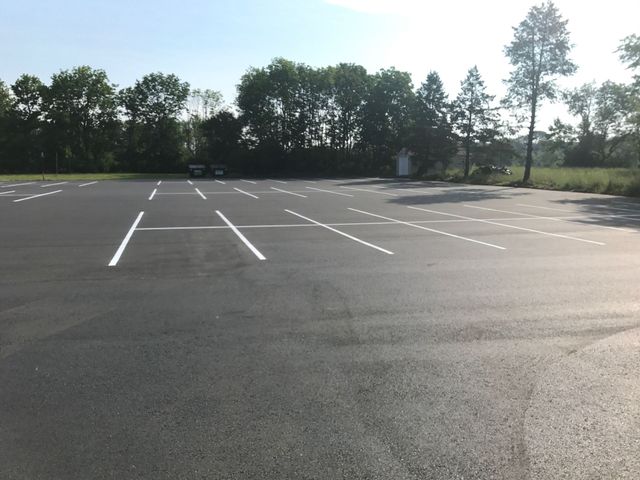 Empty paved parking lot with white lines, trees in the background, and bright sunlight.