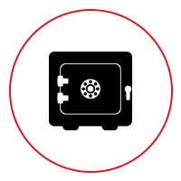 Black safe inside a red circle.