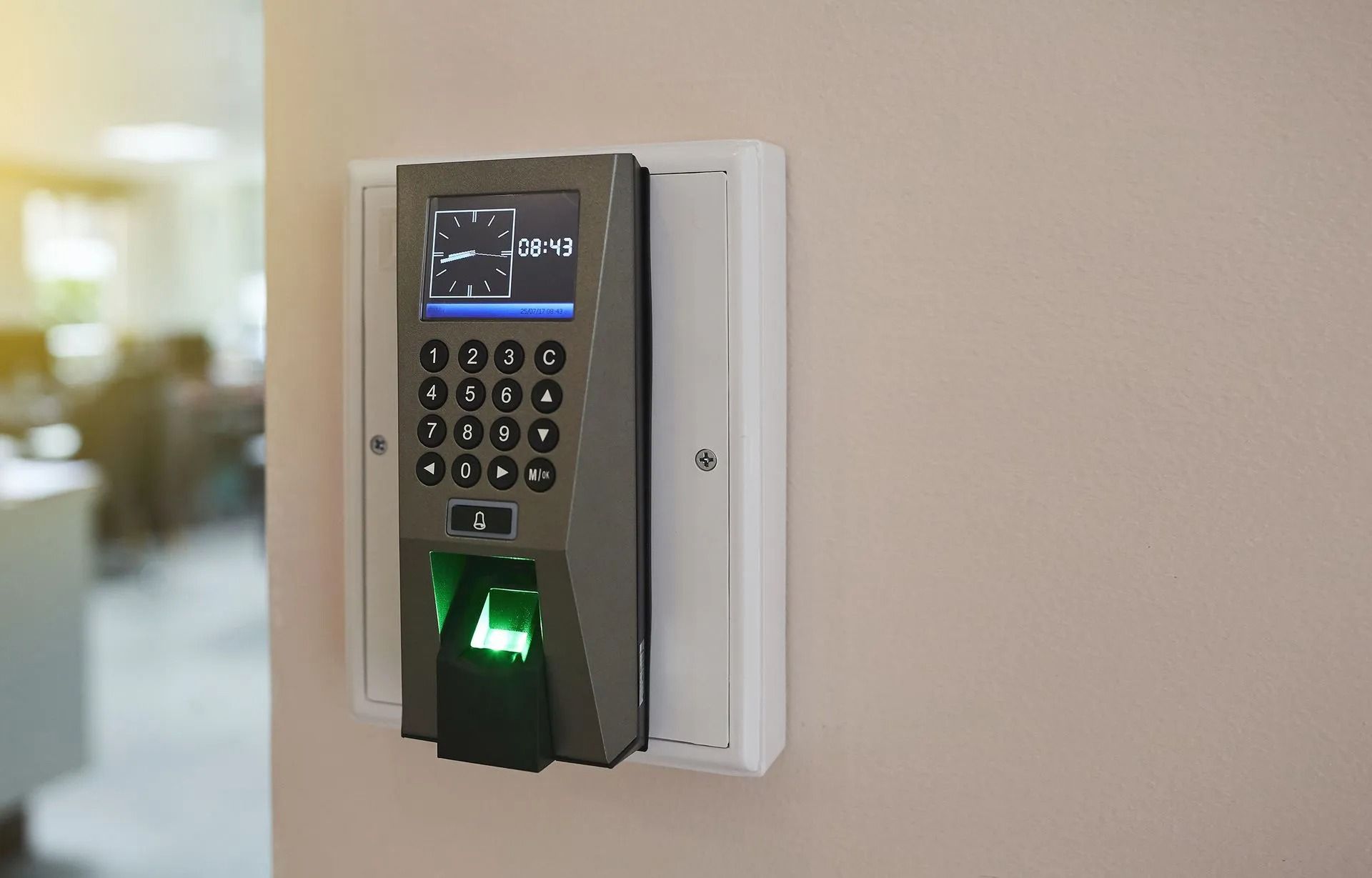 Fingerprint and keypad access control device mounted on a light pink wall.