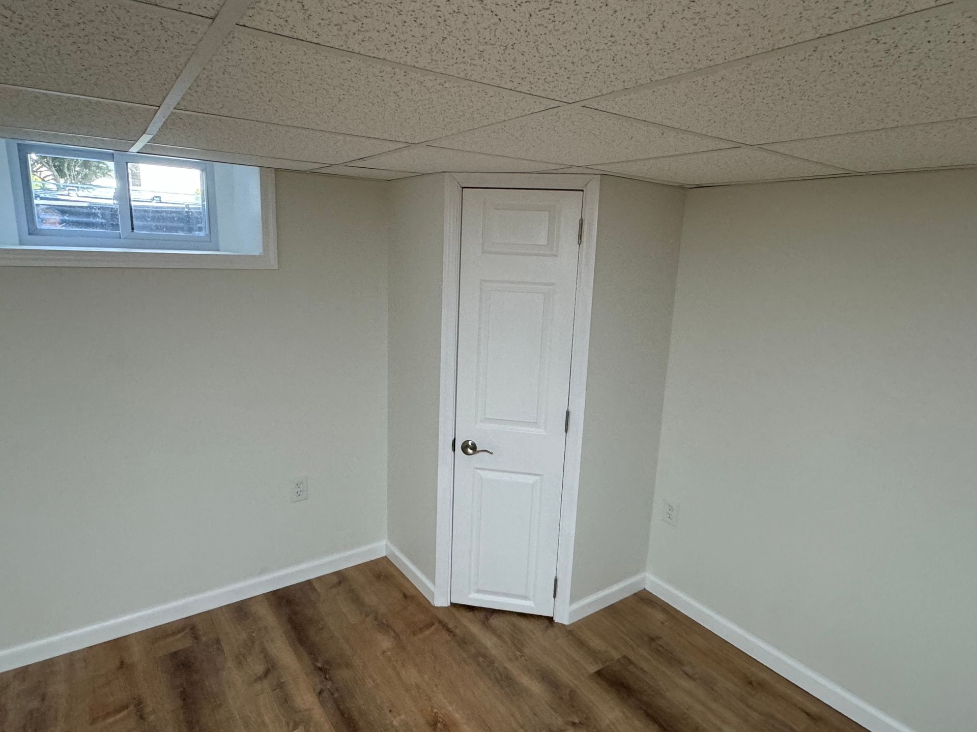 Empty basement room with a door, window, and wood-look flooring. Walls are painted light gray, ceiling is textured white.