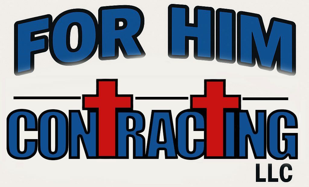 Logo: "FOR HIM" above "CONTRACTING" with two red crosses, LLC at the bottom. Blue and red text.