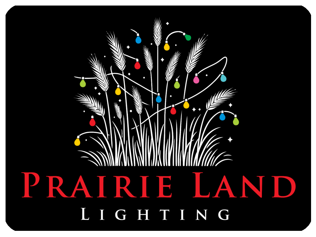 Prairie Land Lighting logo with white grass, multicolor lights, and red text on a black background