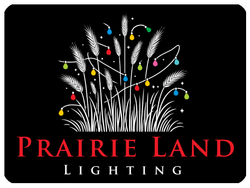 Prairie Land Lighting logo with white grass, multicolor lights, and red text on a black background