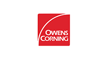 Owens Corning logo: the company name in white text on a red square with a white curved line sweeping across the top.