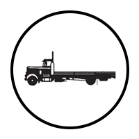 A black-and-white icon featuring a side profile view of a flatbed truck inside a circle.