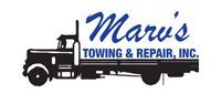 A black silhouette of a flatbed tow truck with the blue text "Marv's TOWING & REPAIR, INC." above it.