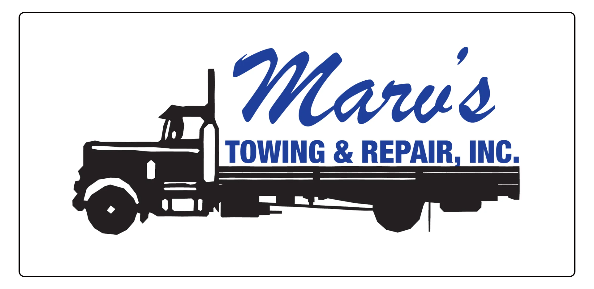 Logo for Marv's Towing & Repair, Inc., featuring a black silhouette of a tow truck with blue text.