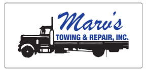 Logo for Marv's Towing & Repair, Inc., featuring a black silhouette of a tow truck with blue text.