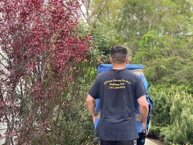 Two people walking outdoors with a blue stroller beside a red bush and green trees