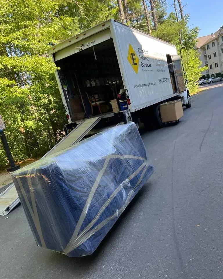 Piano wrapped in plastic being unloaded from a moving truck on a tree-lined street