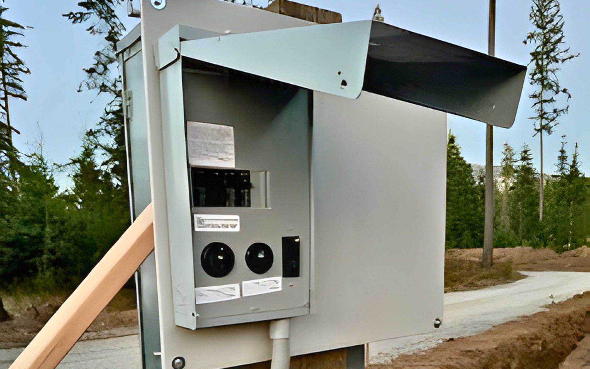 Gray electrical box on post in outdoor setting; cover open.