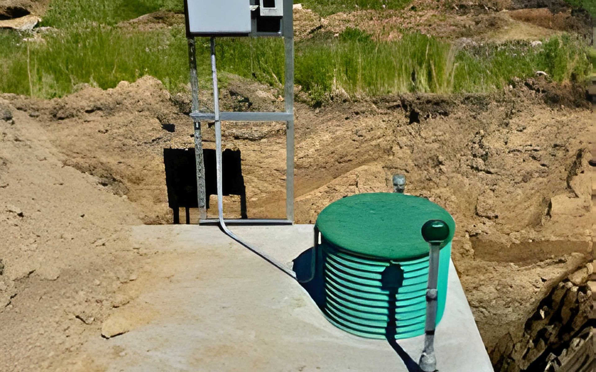 Green septic tank with piping and control box, set in a dirt excavation.