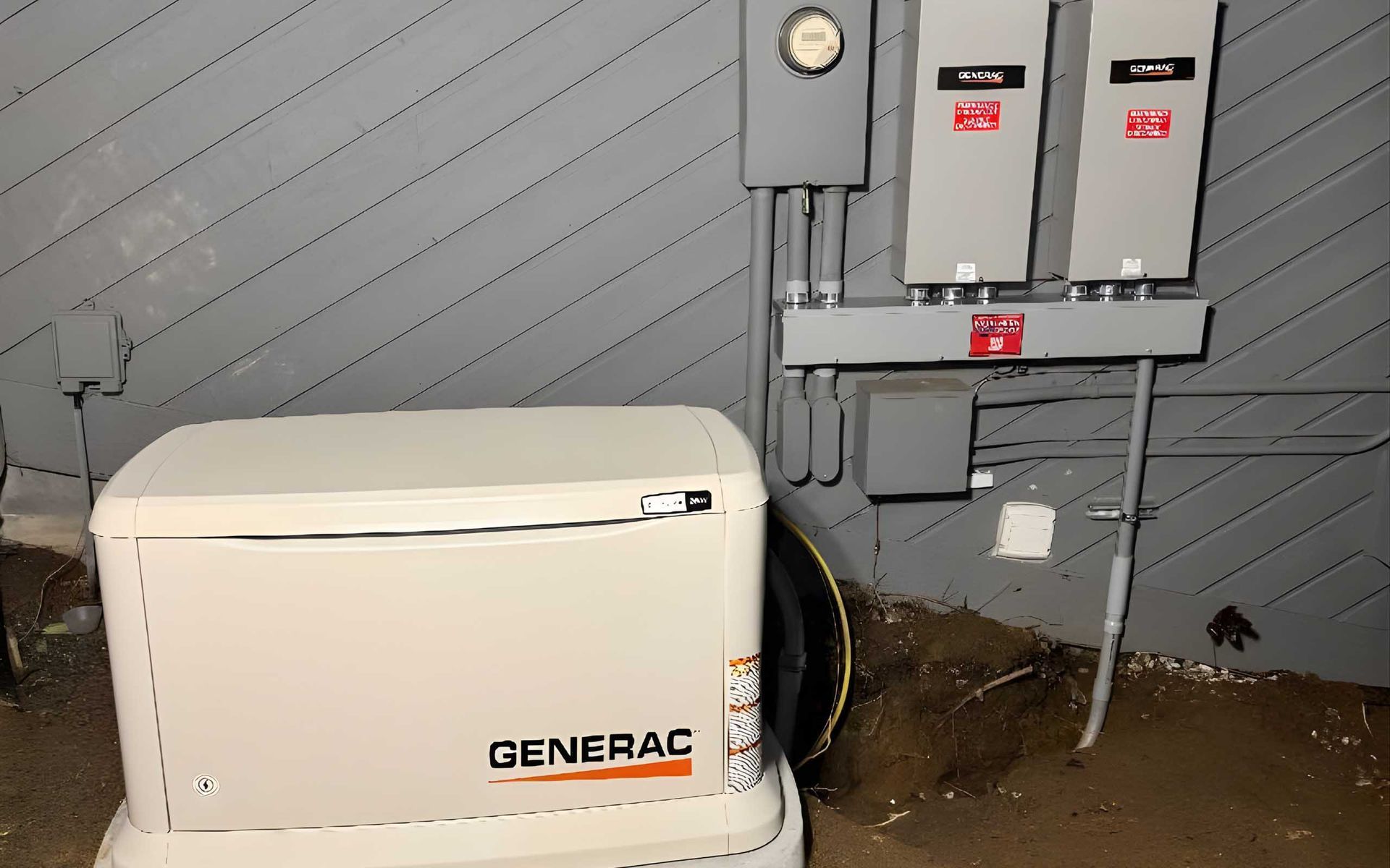 A Generac generator beside electrical panels on a gray wall.