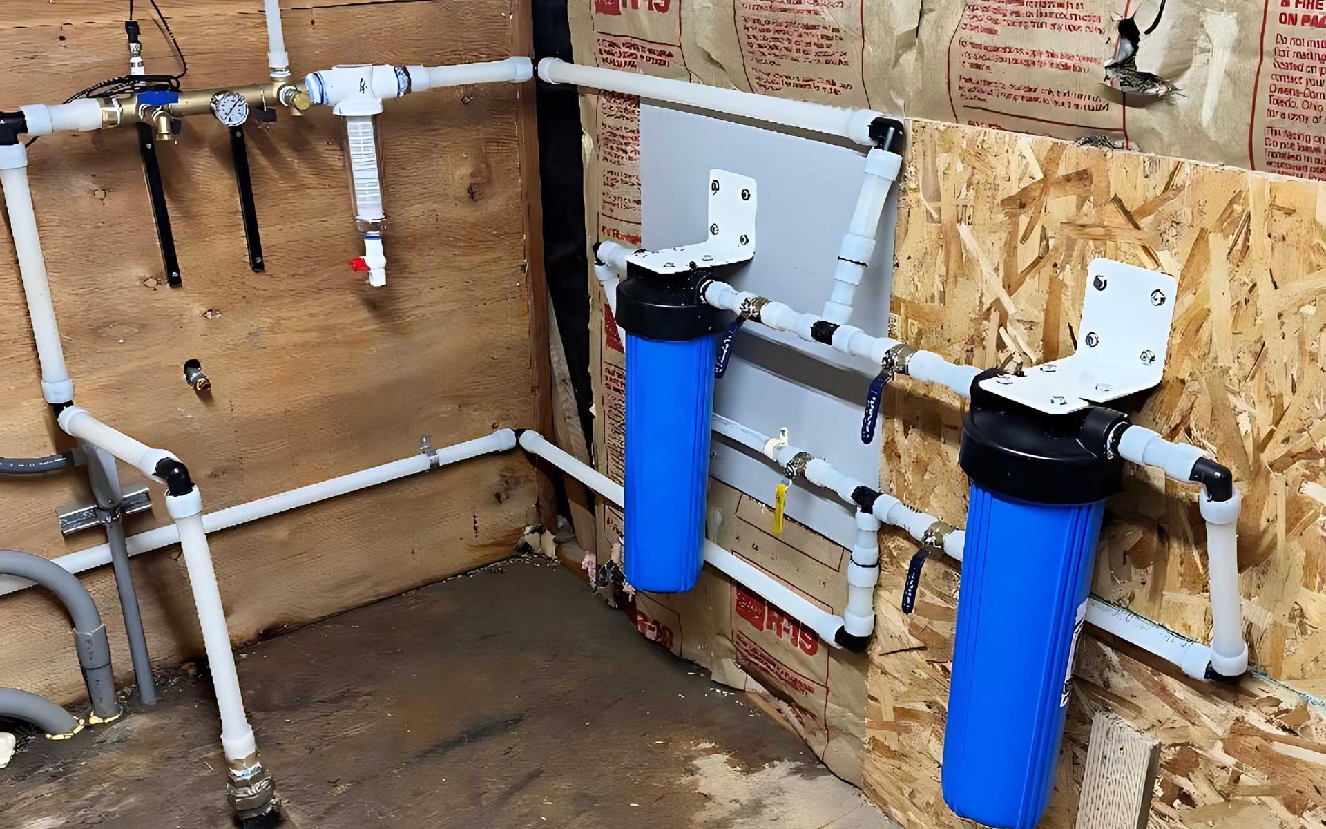 Plumbing water filtration system with blue filter housings and white pipes mounted on a wood wall.