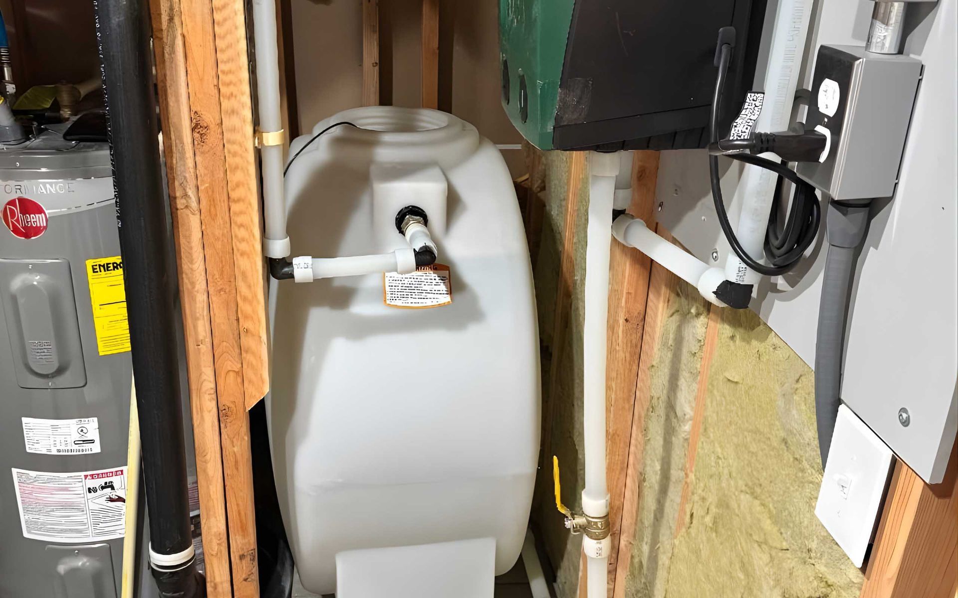 Water tank with pipes and electrical components in a utility room.