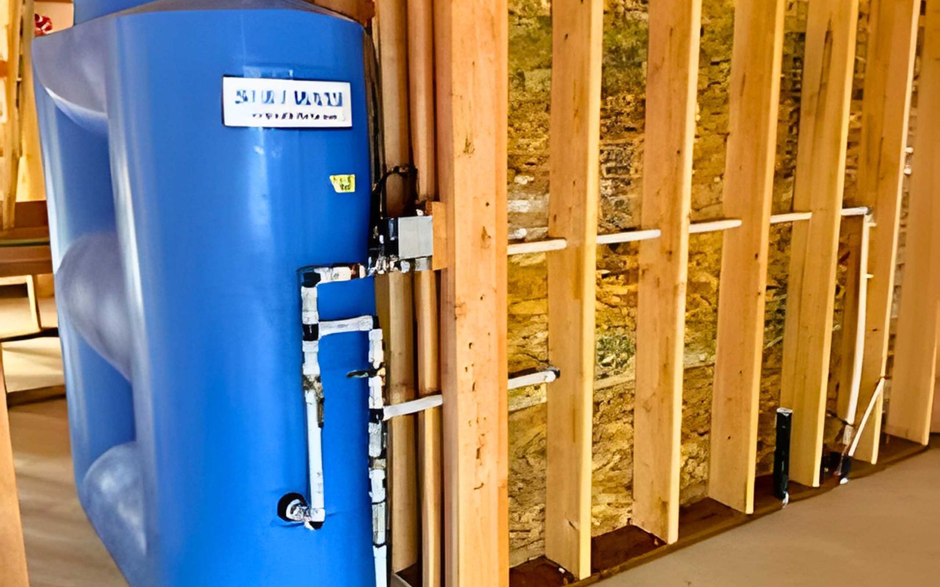 Blue water tank with plumbing against unfinished wood wall.