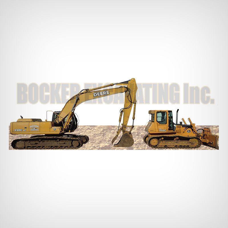 A bulldozer and an excavator are sitting next to each other.