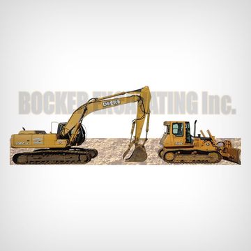 A bulldozer and an excavator are sitting next to each other.