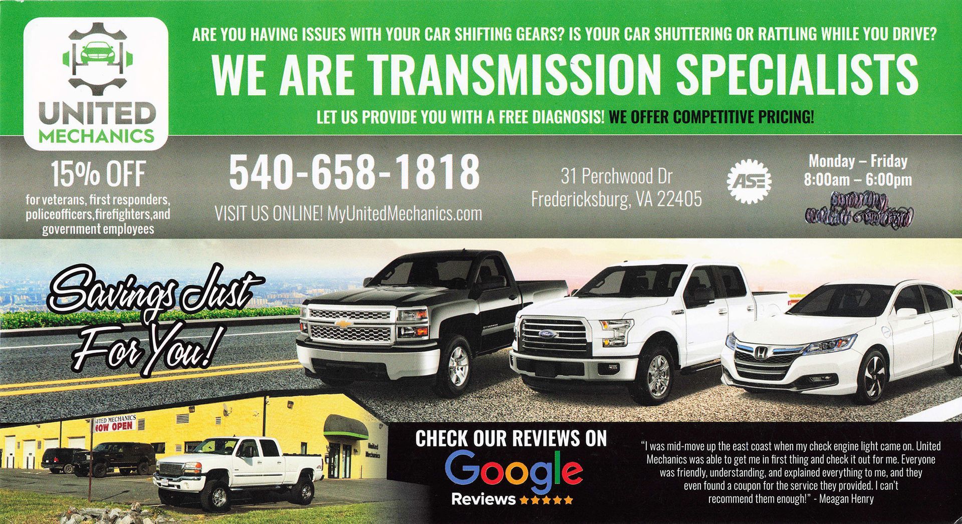 Auto service ad for United Transmission Specialists with logo, phone number, and white repair vans on a green-and-black background