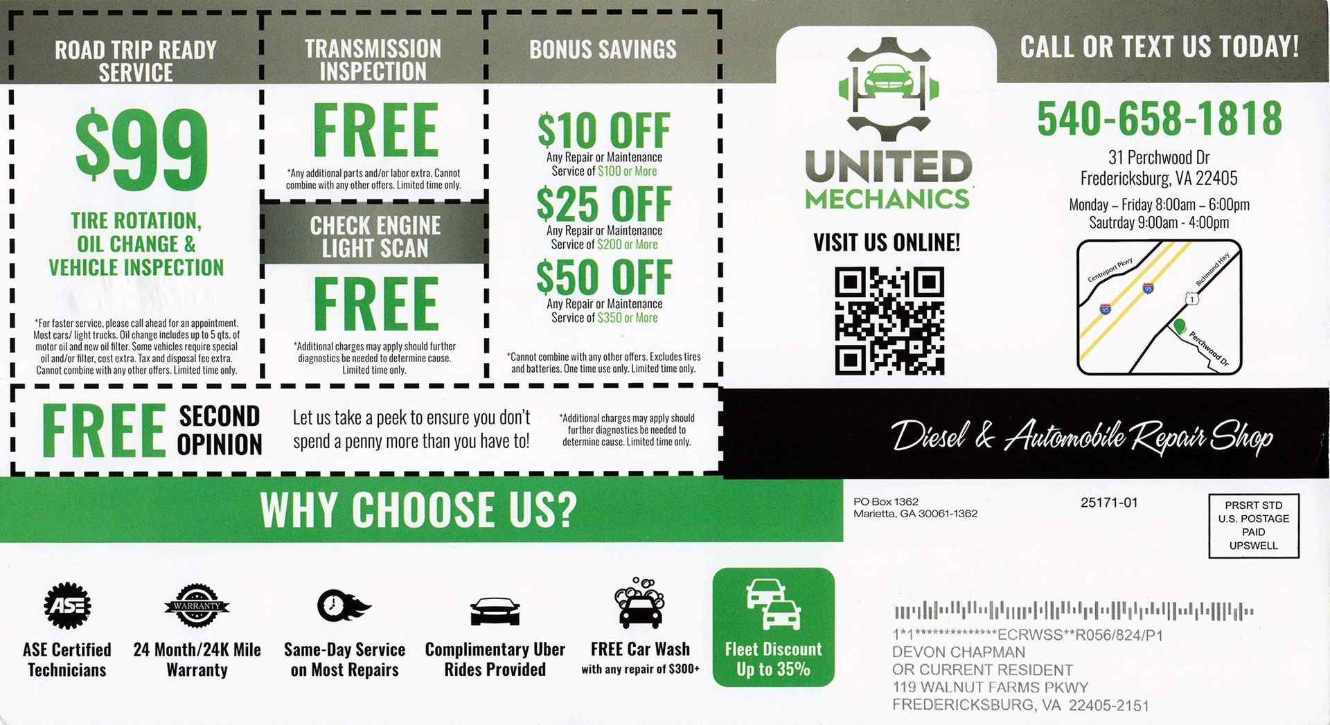 United Mechanics promotional flyer with green discounts, phone number, QR code, and service icons on white background