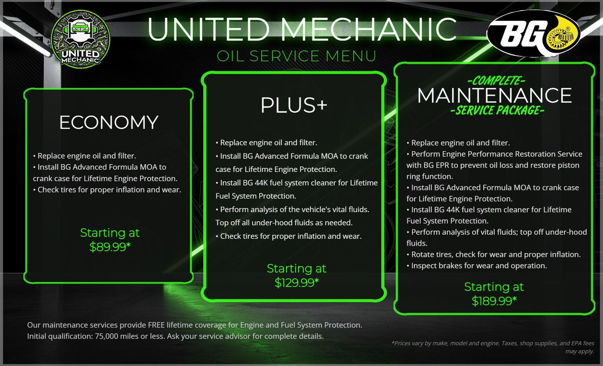 United Mechanic oil service menu with Economy, Plus+, and Maintenance plans on a black-green background