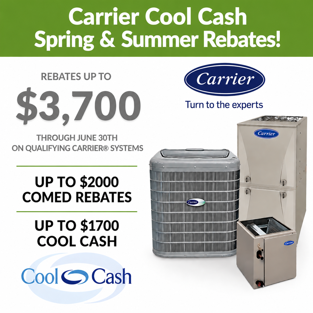 Carrier Cool Cash fall and winter rebates ad with HVAC units and up to $3,700 in rebates