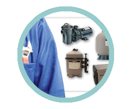 Pool equipment next to a person in a blue shirt with a wrench in their pocket.