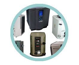 Pool heaters, various models displayed within a blue circle.