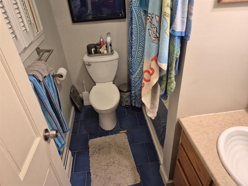 A bathroom with a toilet a sink and a shower curtain