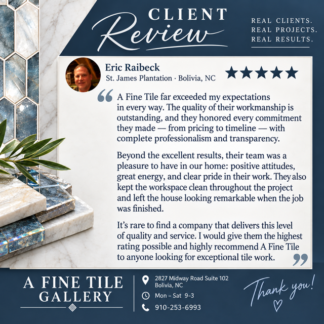 Client review testimonial card with blue-gray marble background and gold accents for Eric Raibeck, St. Josephs Painting, Bolivar, NC.
